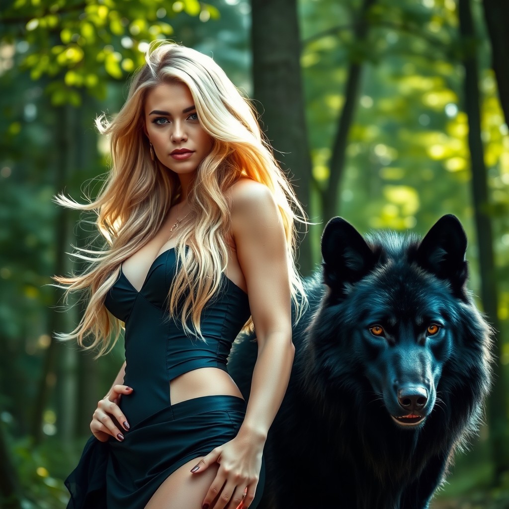 A captivating scene featuring a striking blonde woman standing confidently next to a majestic black wolf
