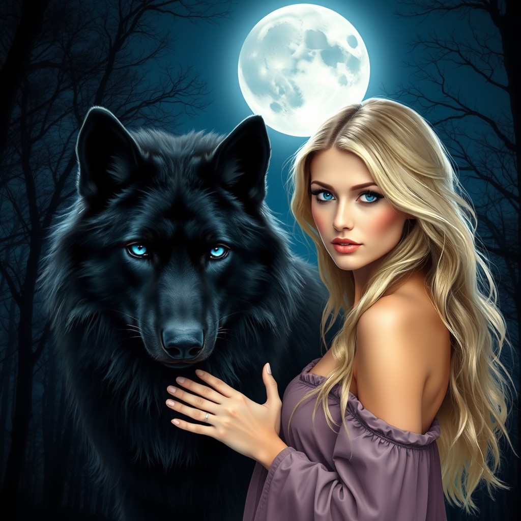 A stunning scene under a full moon, featuring a beautiful blonde woman with striking blue eyes standing beside a majestic black wolf, also with captivating blue eyes