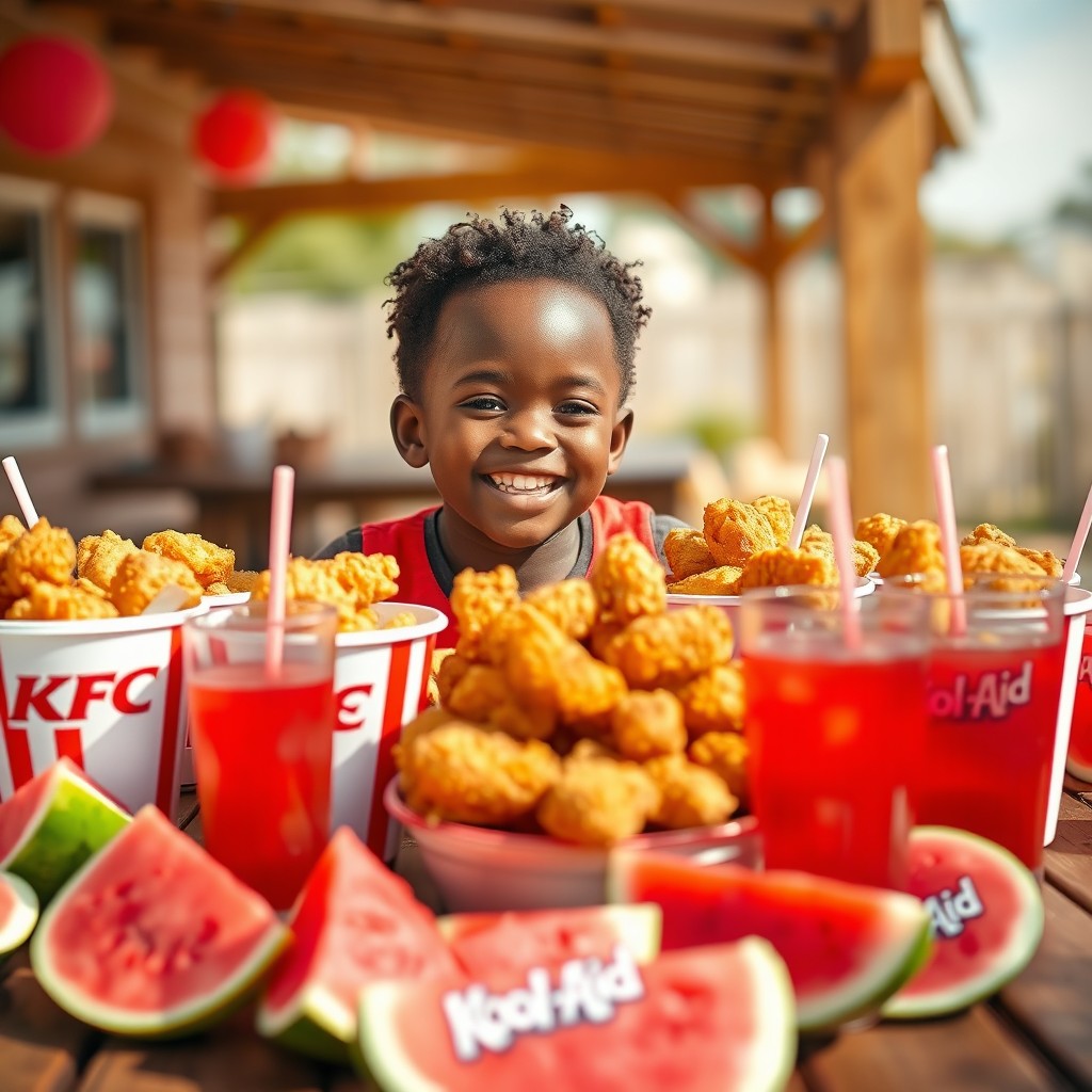 A joyful scene of a young Black child happily enjoying a delicious meal of fried chicken at an outdoor wooden table