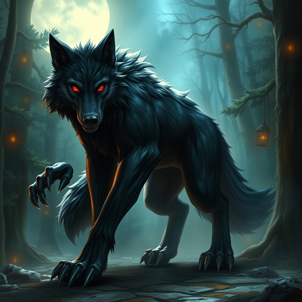 A powerful wolf shifter character for Dungeons and Dragons, featuring striking black fur that glistens under moonlight and piercing crimson eyes that glow with an otherworldly intensity