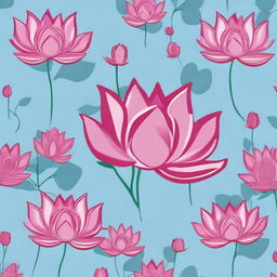 A tile pattern design featuring small dark pink lotuses with leaves on a sky blue background.