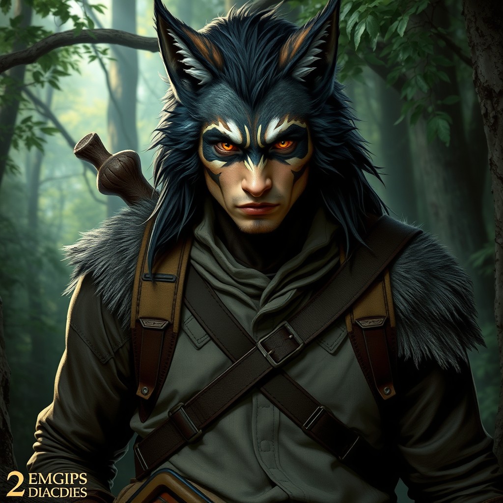 A human character with distinctive wolf features inspired by Dungeons and Dragons lore of the shifter race