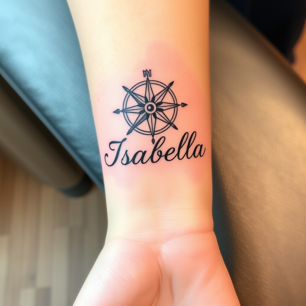 A beautifully designed tattoo featuring the name 'Isabella' elegantly integrated with a compass rose