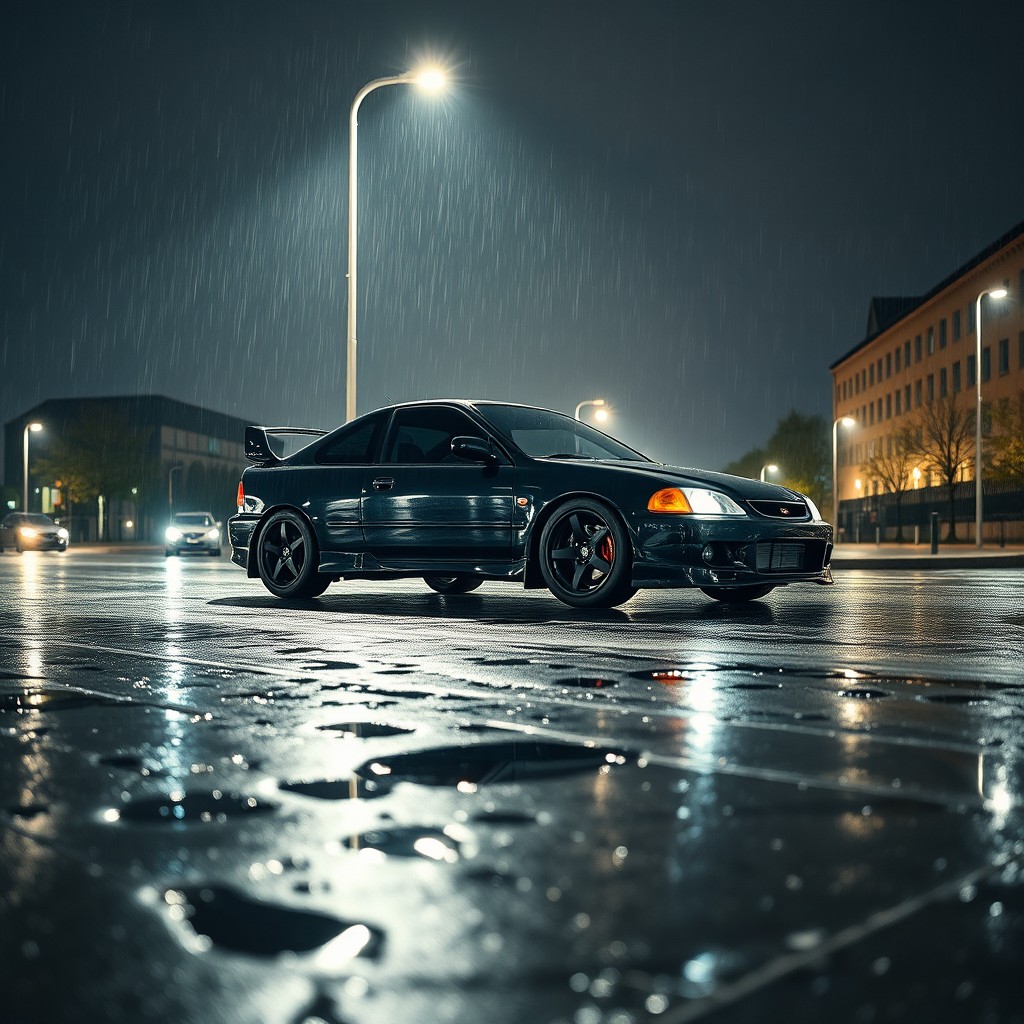 A modified black Integra Type R DC2 EUDM parked gracefully on a rain-soaked street at night in Leipzig, Germany