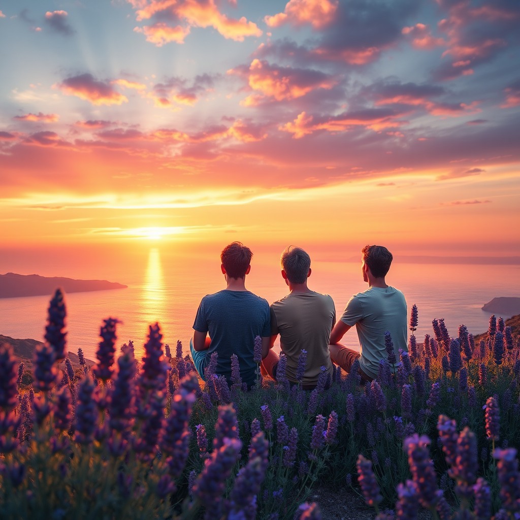A scene featuring young male individuals sitting on a hill surrounded by blooming lavender and healing plants, gazing at a breathtaking sunset over the sea