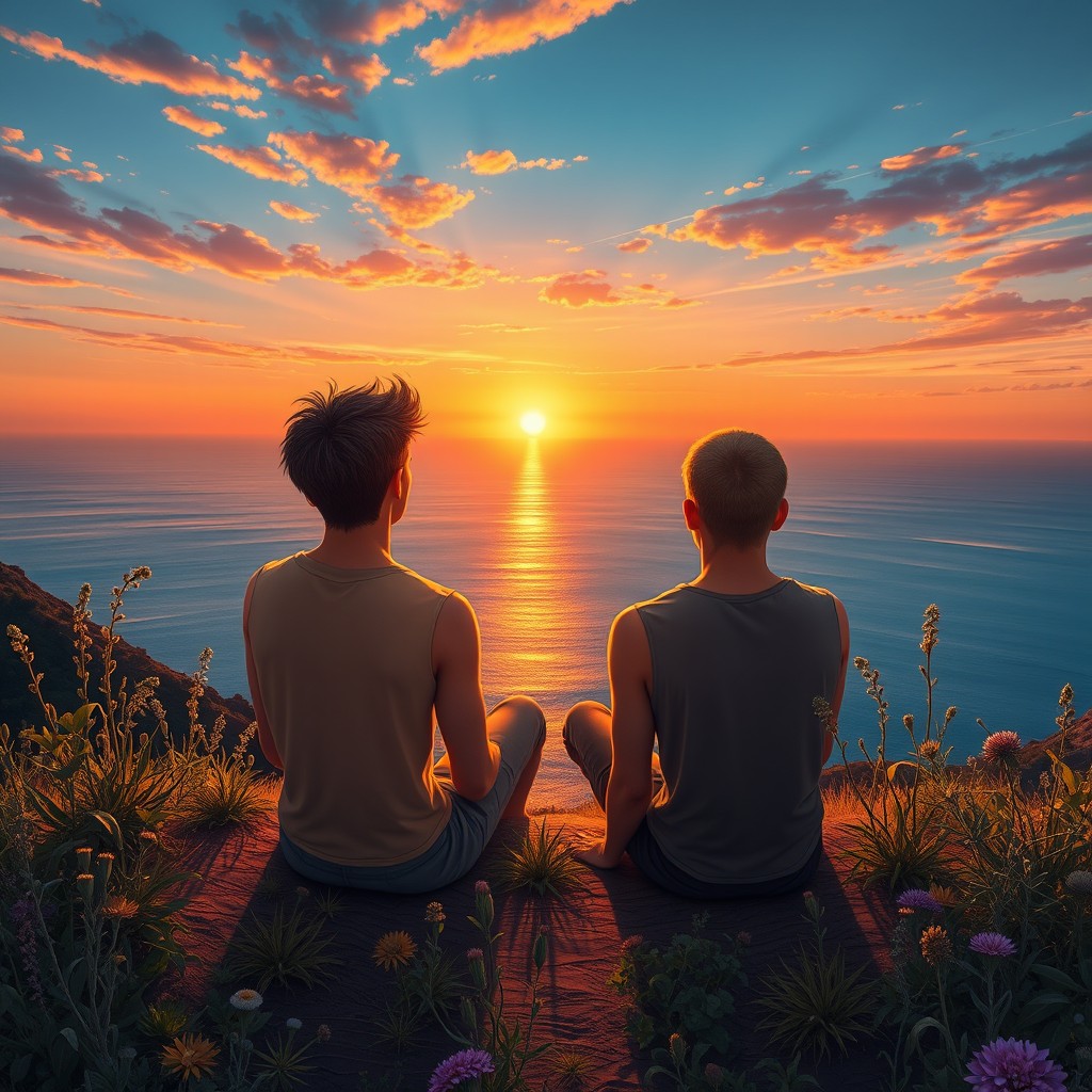 Two young male figures sitting on a hill surrounded by healing plants and herbs, gazing at a breathtaking sunset that is reflecting off the calm sea