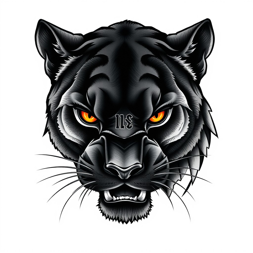A detailed tattoo design featuring the head of a powerful black panther