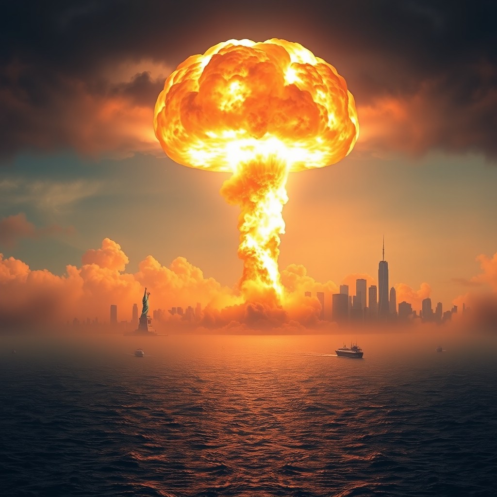 A dramatic depiction of a nuclear explosion occurring over New York Bay, showcasing the iconic skyline of Manhattan in the background