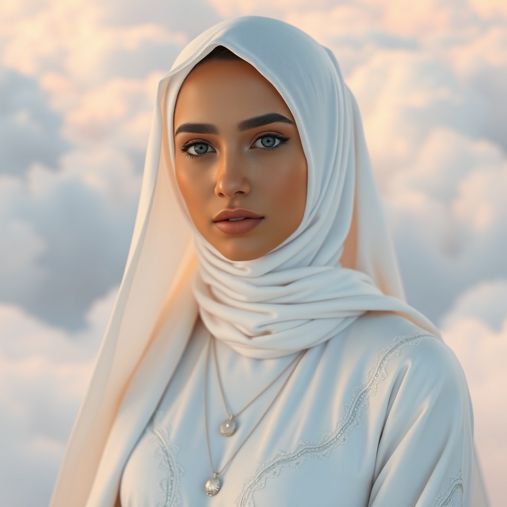 An angelic and serene scene featuring a mid-20s woman of Middle Eastern descent in a cloud studio ambiance