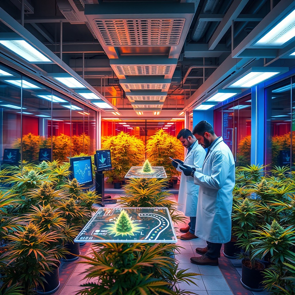 A futuristic cannabis laboratory showcasing advanced technology and sleek design