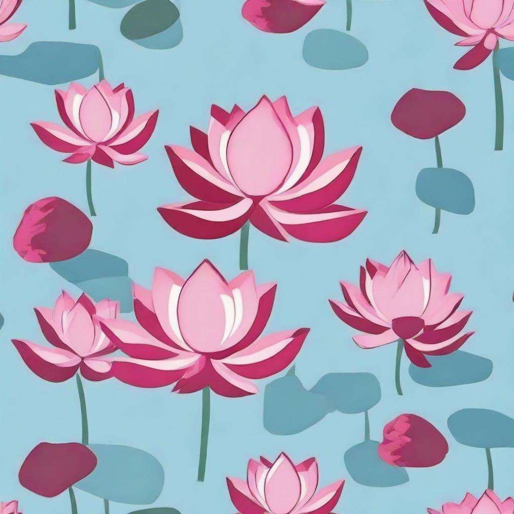 A tile pattern design featuring small dark pink lotuses with leaves on a sky blue background.