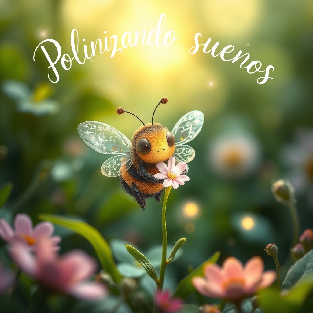 A whimsical and enchanting scene featuring a tiny, adorable bee holding a magical flower in its tiny hands