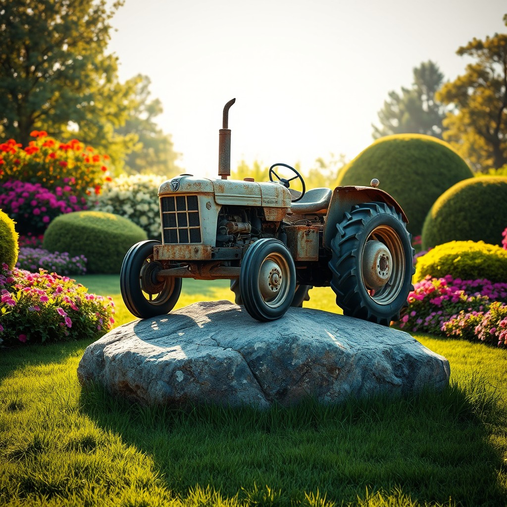 An old, rusty tractor standing proudly on top of a large, flat rock in a vibrant garden