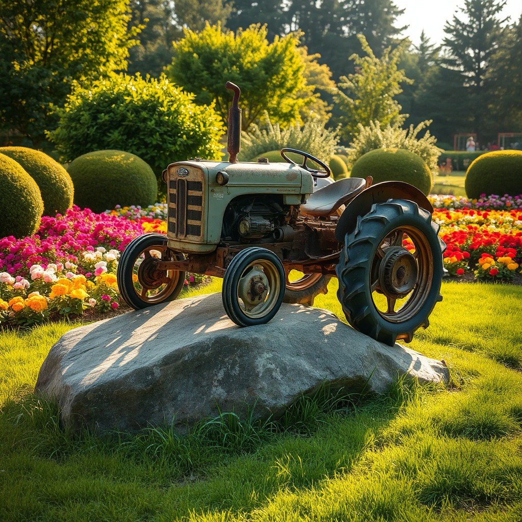 Rustic Charm: A Vintage Tractor in a Colorful Garden