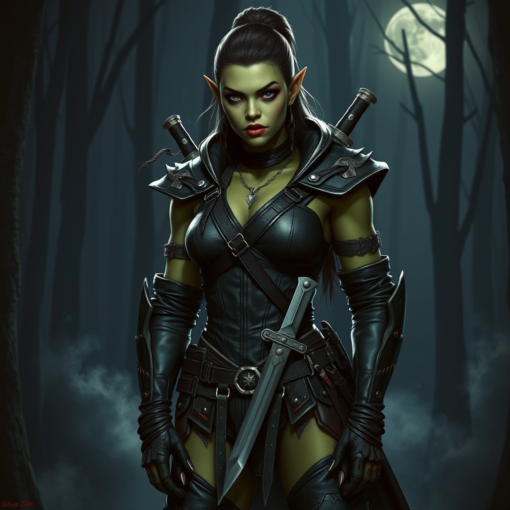 An attractive female orc rogue, featuring striking green skin and sharp, angular facial features