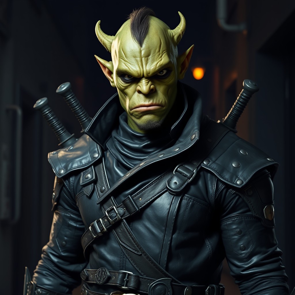 An attractive orc assassin dressed in sleek, dark leather armor, featuring intricate details and multiple sheathed blades strategically placed around their body