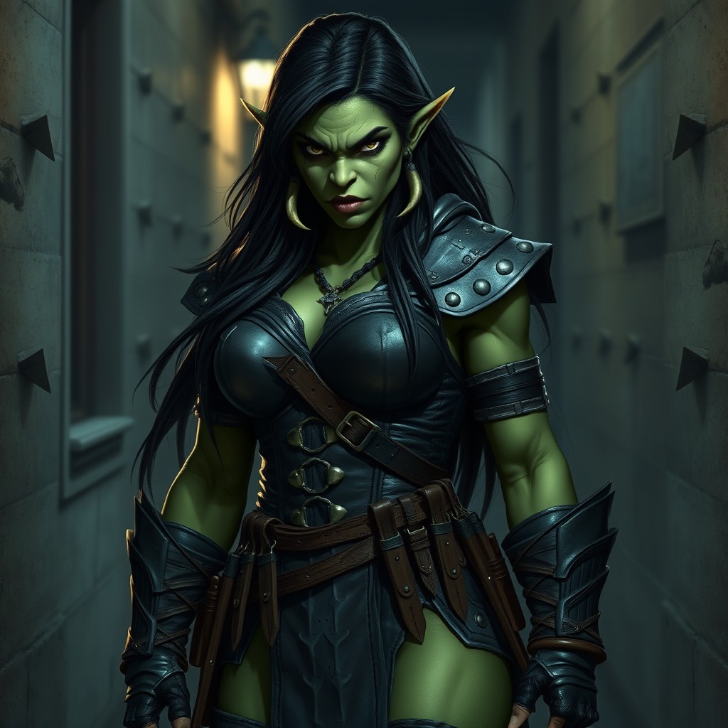 An attractive female orc assassin, featuring striking green skin and sharp tusks, dressed in dark leather armor that fits her form snugly