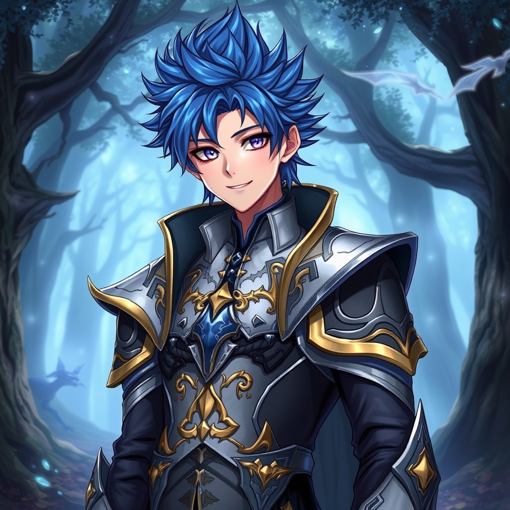 A realistic fantasy depiction of Veldora's human form from the light novel, showing him with striking features: spiky blue hair, piercing violet eyes, and an inviting smile