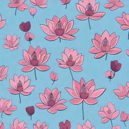 A tile pattern design featuring small dark pink lotuses with leaves on a sky blue background.