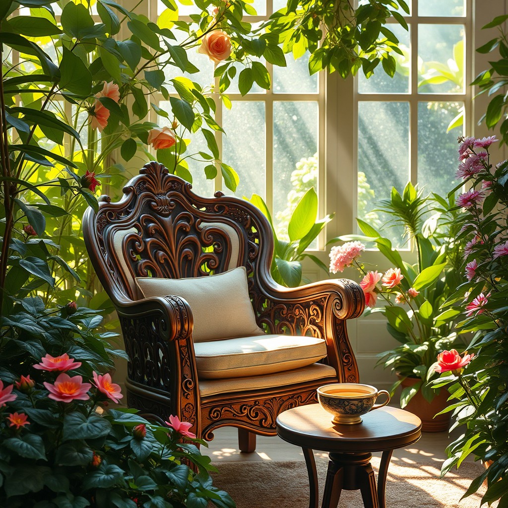 A beautiful Thorne chair set in a luxurious indoor garden environment
