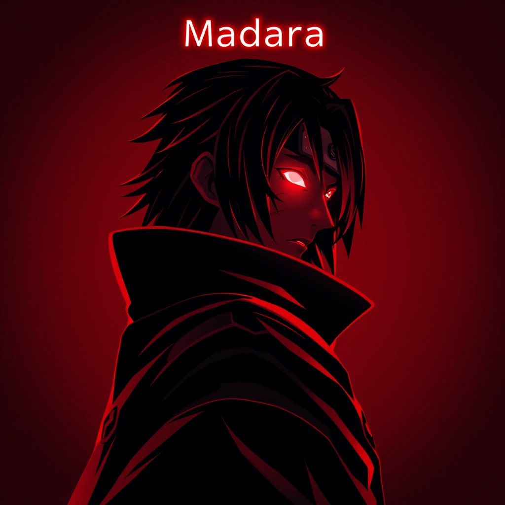 A stylized portrait of Madara Uchiha from Naruto, wearing his traditional armor and cloak, depicted facing sideways with a mysterious and intimidating expression
