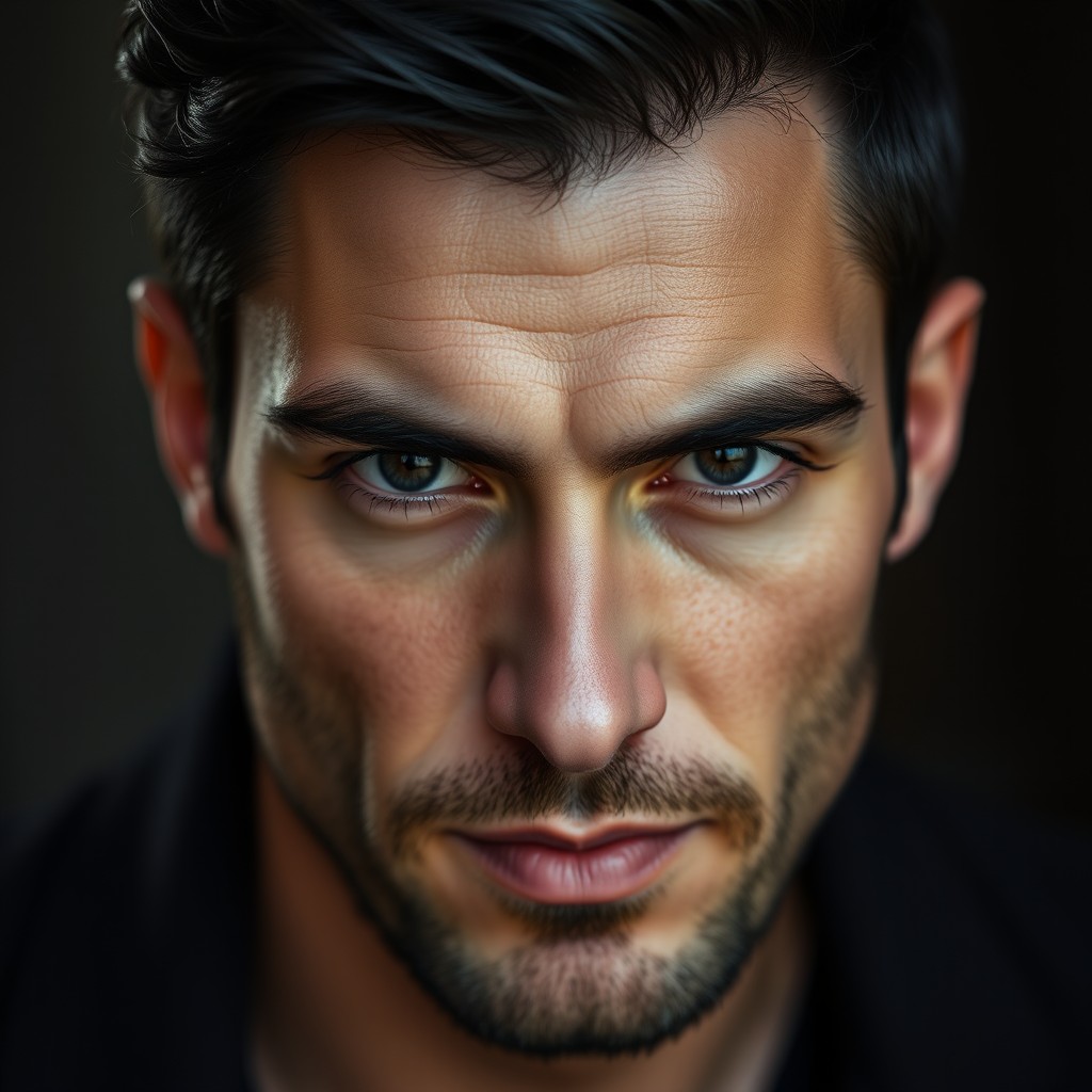 A close-up portrait of a 38-year-old Italian man, featuring black hair styled with a 5 cm wave, deep and intense black eyes that convey confidence and charm