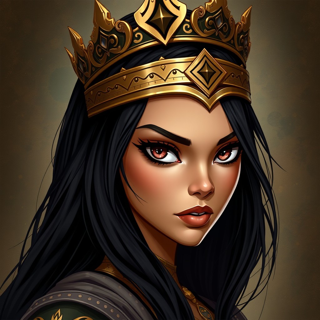 A striking female profile named "Al-Jarha" with long black hair and large captivating eyes