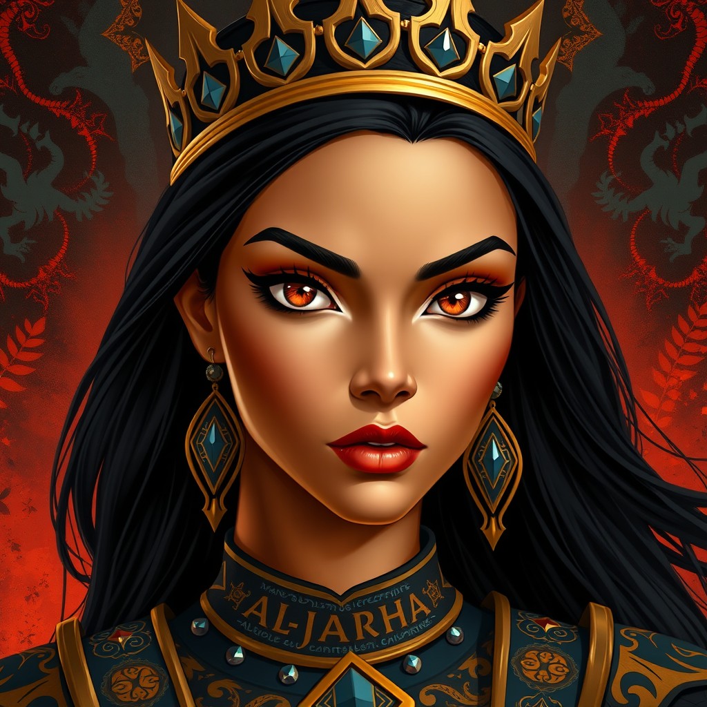 A striking female profile named "Al-Jarha" with long black hair and large captivating eyes