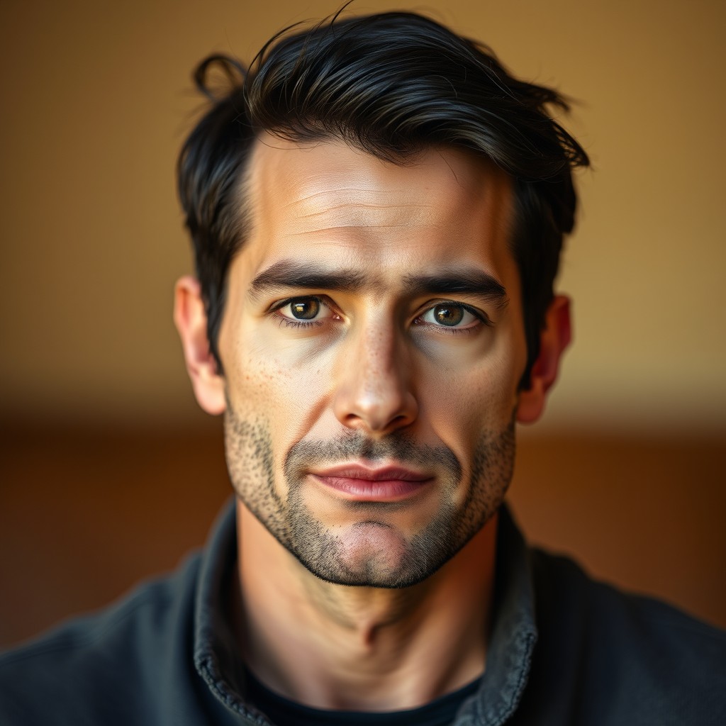 A portrait of a 38-year-old Italian man with striking features