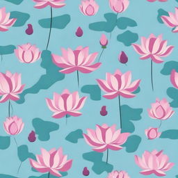 A tile pattern design featuring small dark pink lotuses with leaves on a sky blue background.