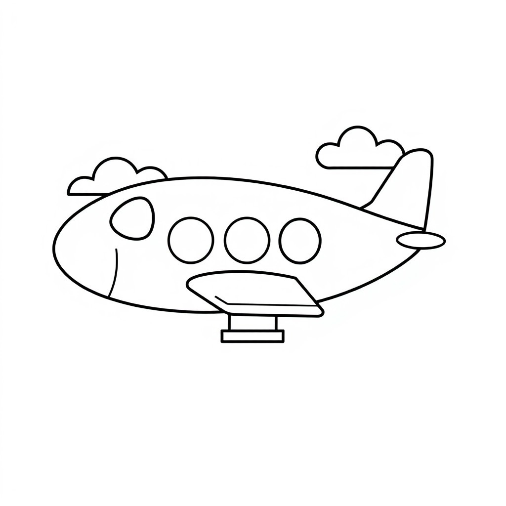 A large cartoon airplane drawing centered on the page, featuring bold and clear outlines suitable for coloring