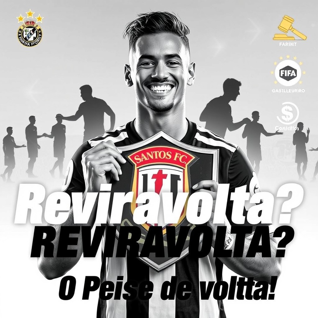 A dynamic thumbnail for a Santos FC news video, featuring a smiling Neymar holding the Santos FC shield prominently in the foreground