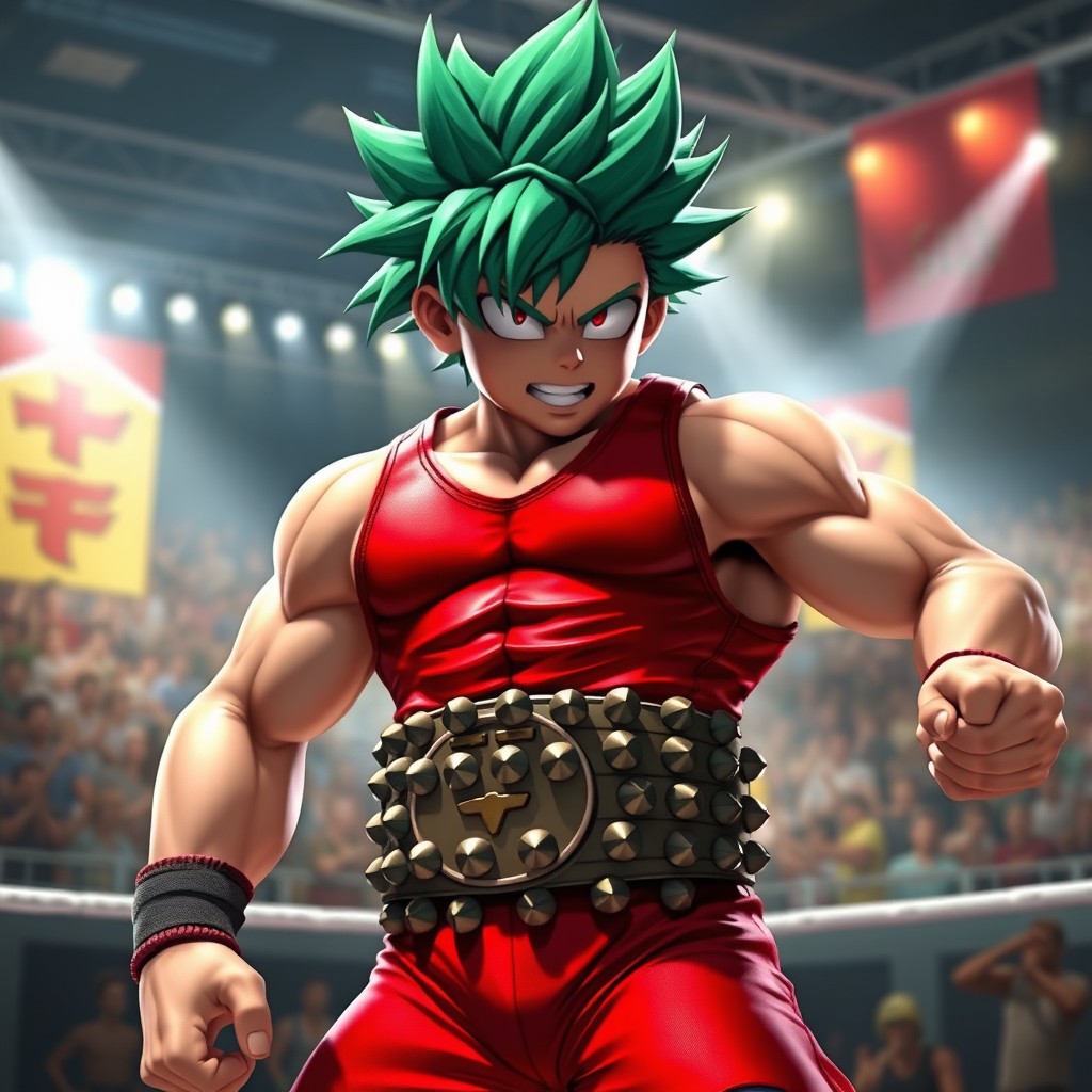 A character resembling Izuku Midoriya from My Hero Academia styled as Zangief from Street Fighter