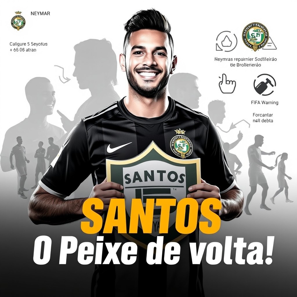 A dynamic 16:9 thumbnail for a Santos FC news video, featuring a smiling Neymar holding the Santos FC shield prominently in the foreground