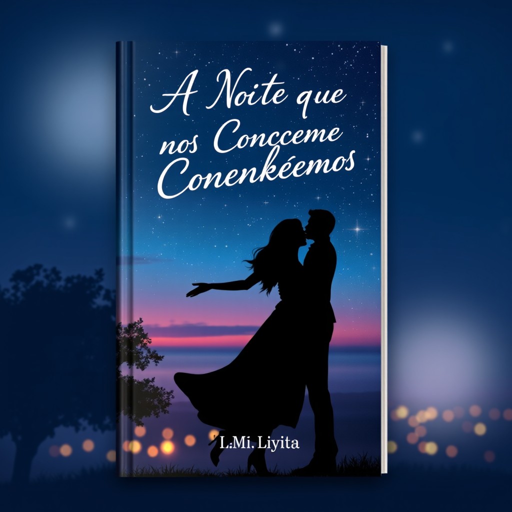 A book cover design depicting a romantic evening scene under a starlit sky, featuring two silhouettes of individuals reaching out to each other, surrounded by softly glowing city lights in the background