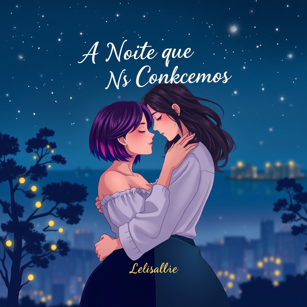 A book cover design depicting a romantic evening scene under a starlit sky, featuring two lesbian characters embracing each other tenderly, surrounded by softly glowing city lights in the background
