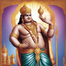 Lord Narayan, the Hindu deity, in his traditional attire, holding a shankh (conch shell) in his hand, standing against a serene celestial backdrop.