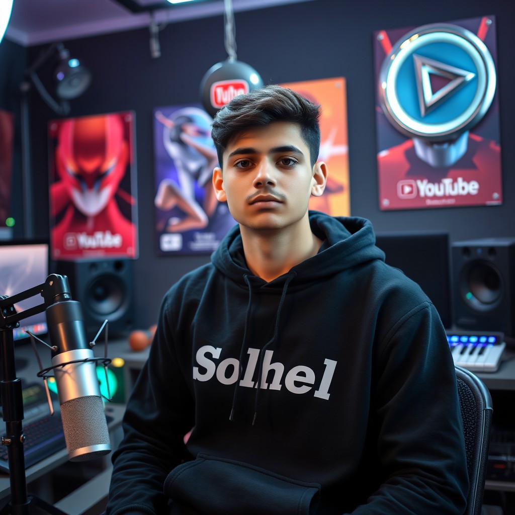 A 21-year-old male YouTube content creator sitting in his studio, facing forward, exuding a mature vibe