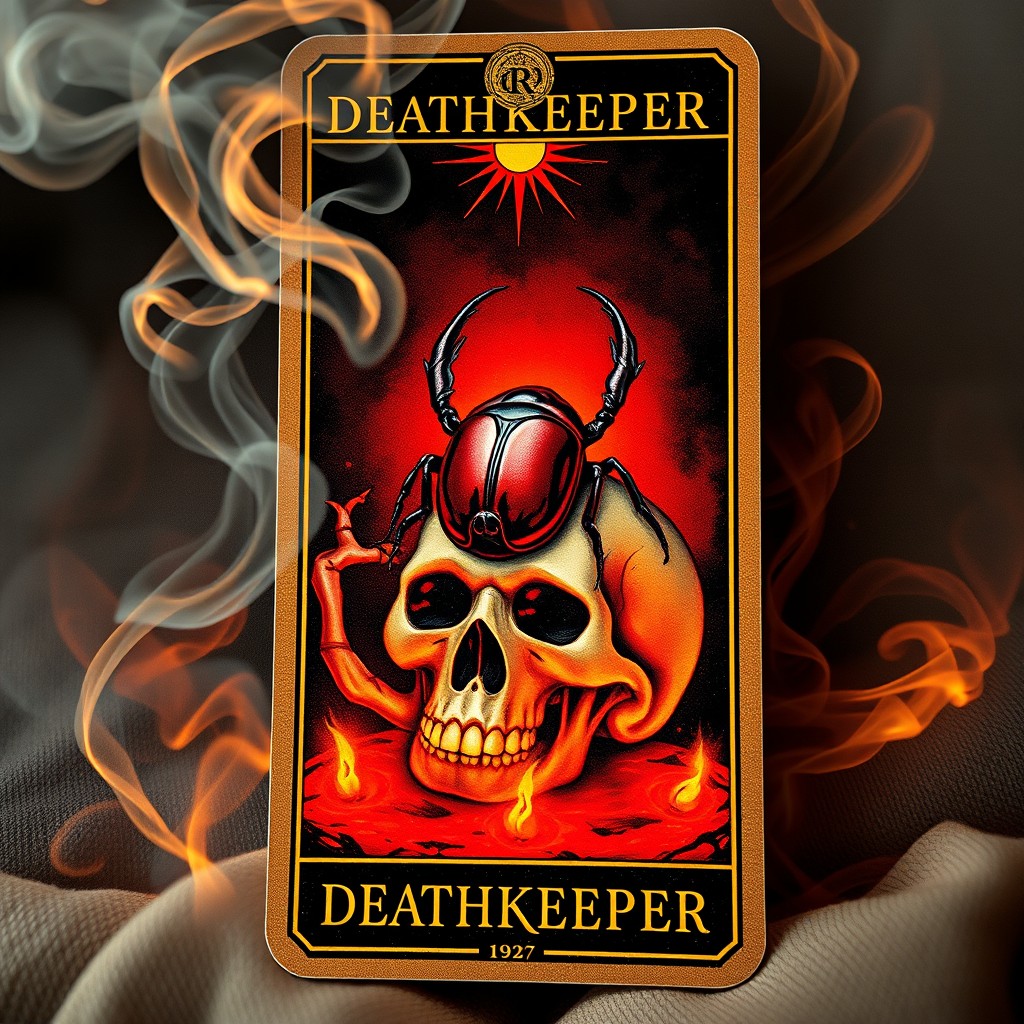 A tarot card with the theme of 'Deathkeeper', featuring a scarab beetle resting on a skull altar, surrounded by swirling incense smoke