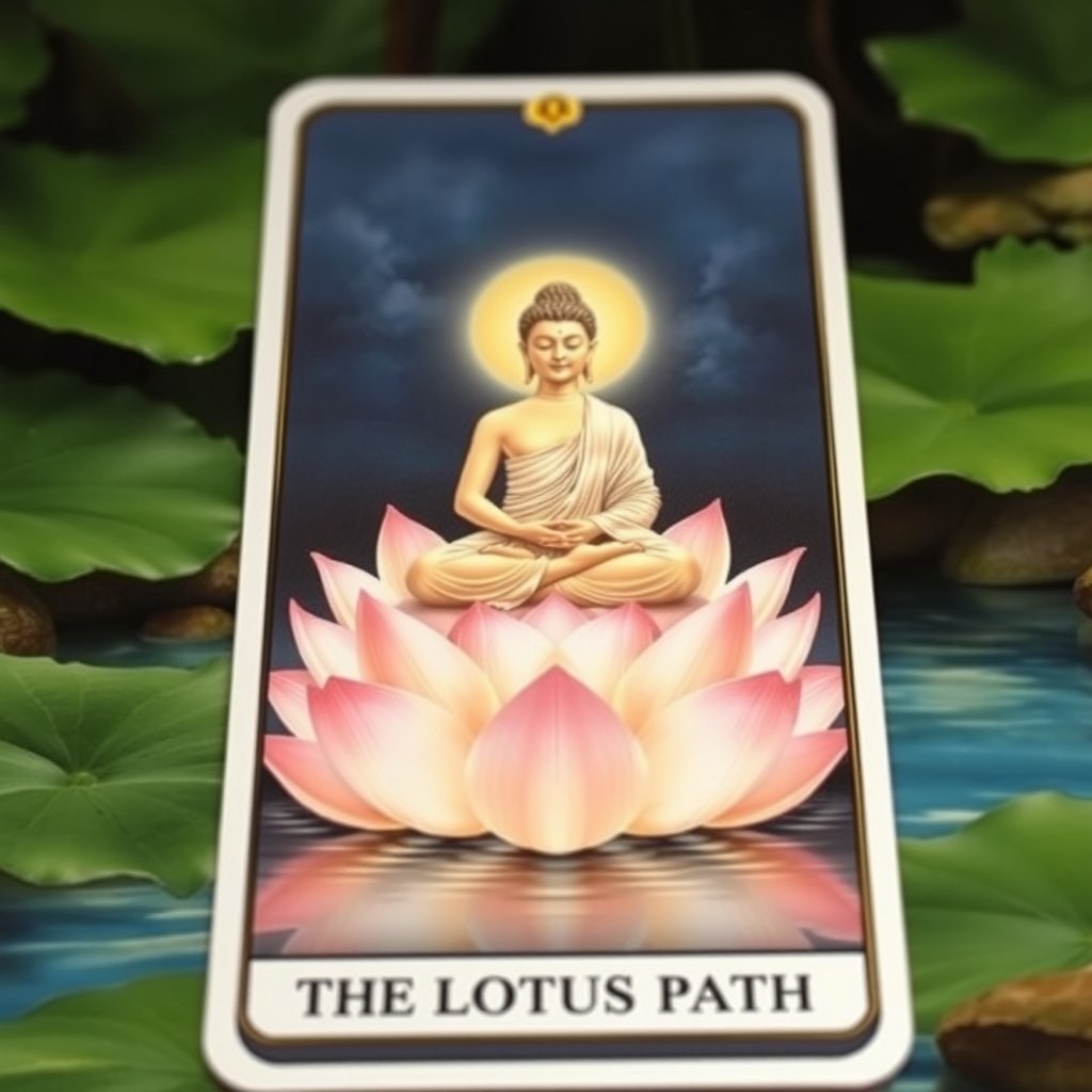 A tarot card titled 'The Lotus Path', showcasing a serene Buddha seated gracefully on a blossoming lotus flower, elevated above a tranquil river
