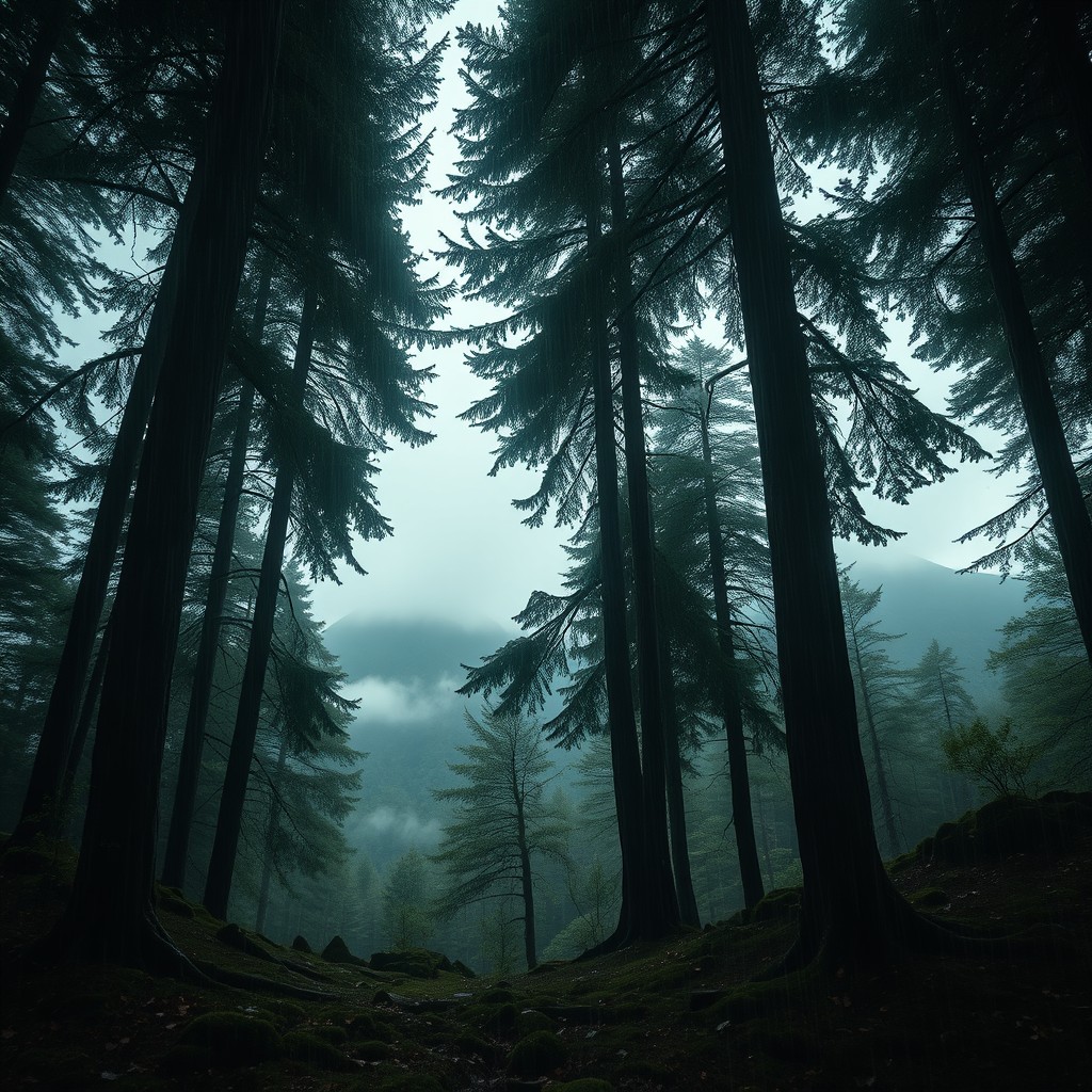 A dark, mystical forest set in the mountains, enveloped in a soft, rainy atmosphere