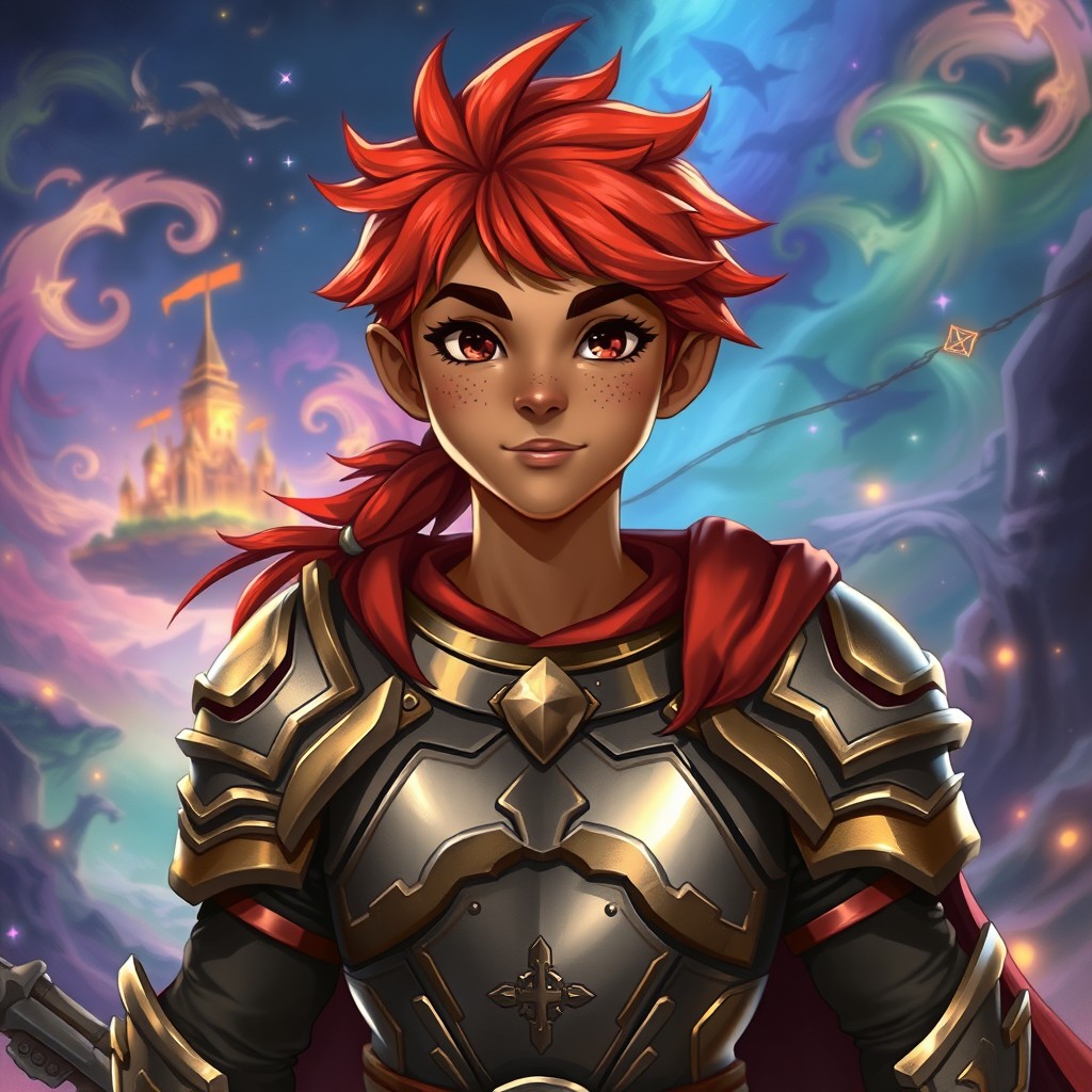 A brown-skinned teenage warrior with vibrant red hair and charming freckles, wearing shining armor adorned with a prominent holy symbol