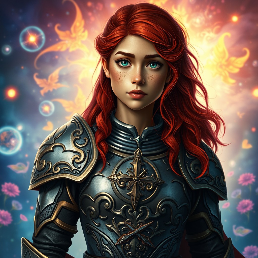 A brown-skinned young woman with striking red hair and adorable freckles, clad in intricate armor featuring a prominent holy symbol