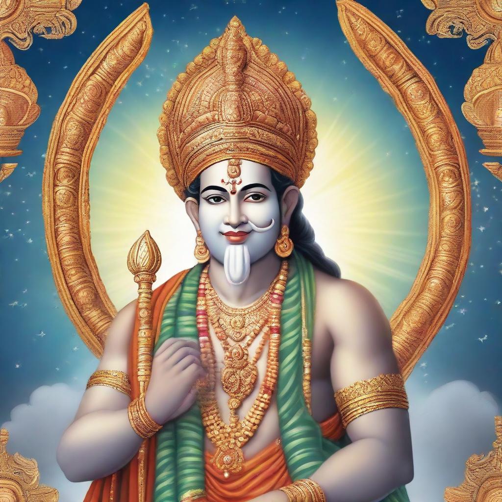 Lord Narayan, the Hindu deity, in his traditional attire, holding a shankh (conch shell) in his hand, standing against a serene celestial backdrop.