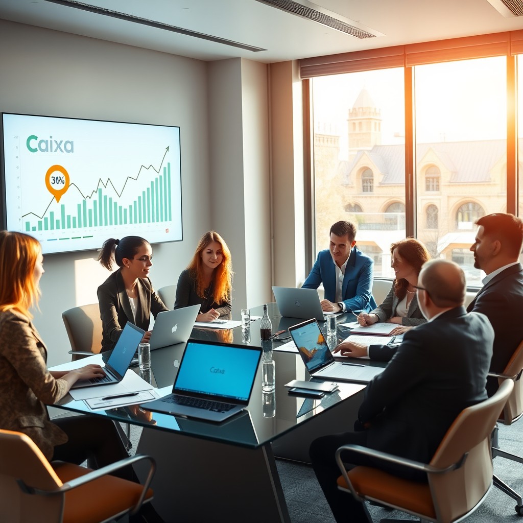 A vibrant and professional office setting showcasing a collaborative meeting between a finance team from Financeiro S