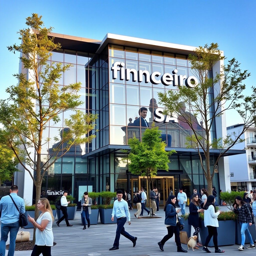 A modern financial technology building with sleek architecture, glass exterior, and bright signage that reads 'Financeiro S