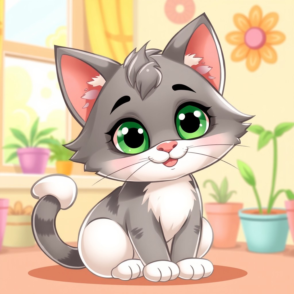 A cute cartoon depiction of a grey and white cat, sitting playfully with a slight smile