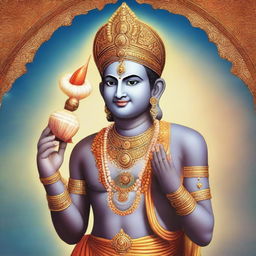 Lord Narayan, the Hindu deity, in his traditional attire, holding a shankh (conch shell) in his hand, standing against a serene celestial backdrop.