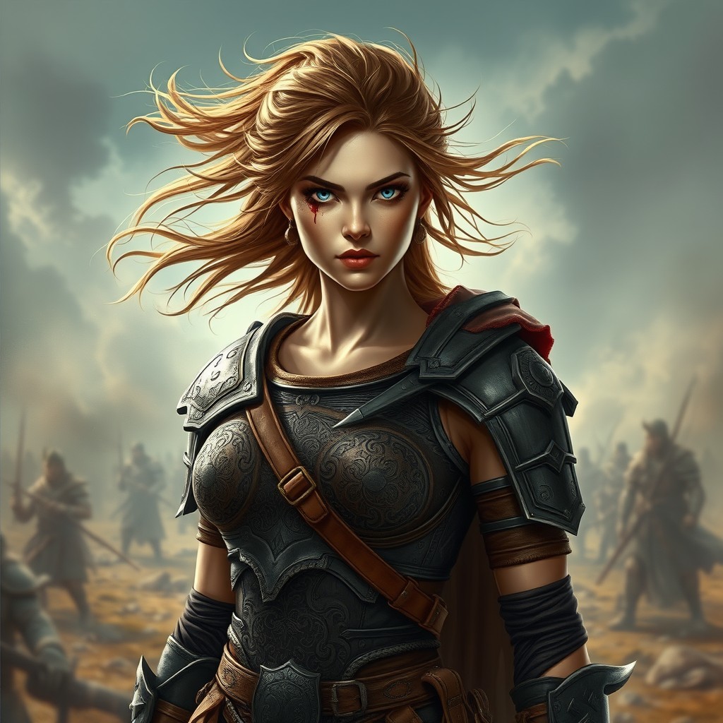 A strong female warrior standing confidently, with a striking appearance