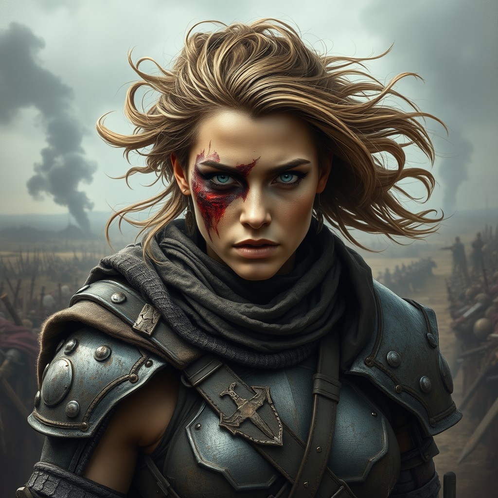 A striking female warrior depicted with a gruesome wound on her left eye, which has healed over but now appears as a scarred remnants, obscuring her vision